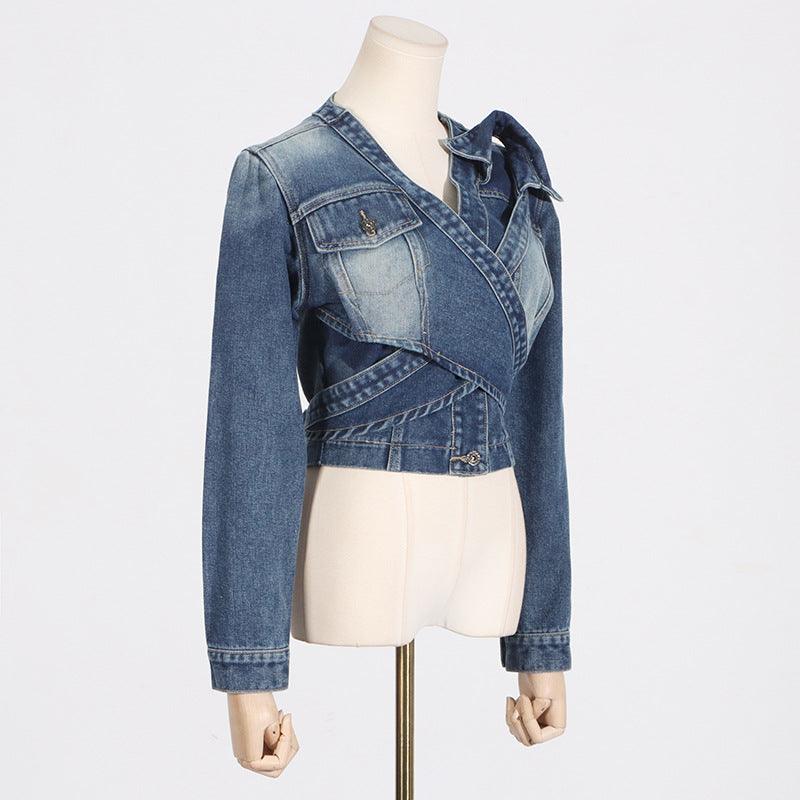Women’s V-neck Cross Asymmetrical Lace-Up High-End Short Denim Jacket