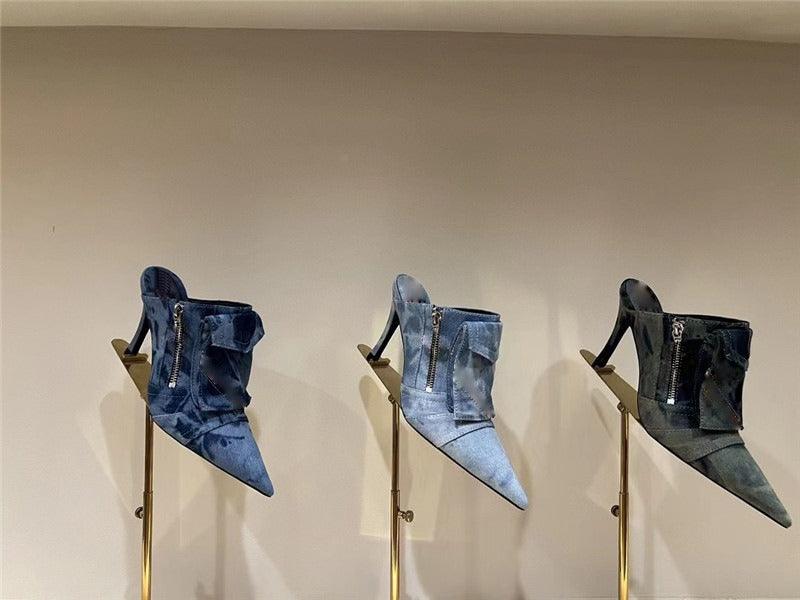 Women Pocket Denim Pointed Toe Heeled Ankle Boots