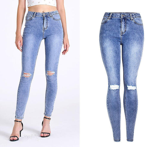 Essential Ripped Skinny Jeans – Stretch Slim Fit, Stone Wash Blue Denim, Street Style