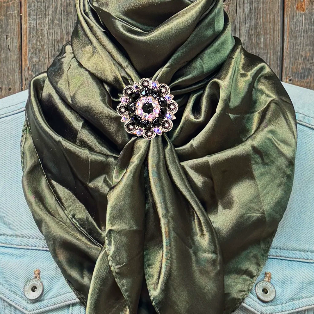 35X35" Solid Olive Wild Rag / Scarf WRS28 - Crystal Concho Wild Rag Slides - Assorted