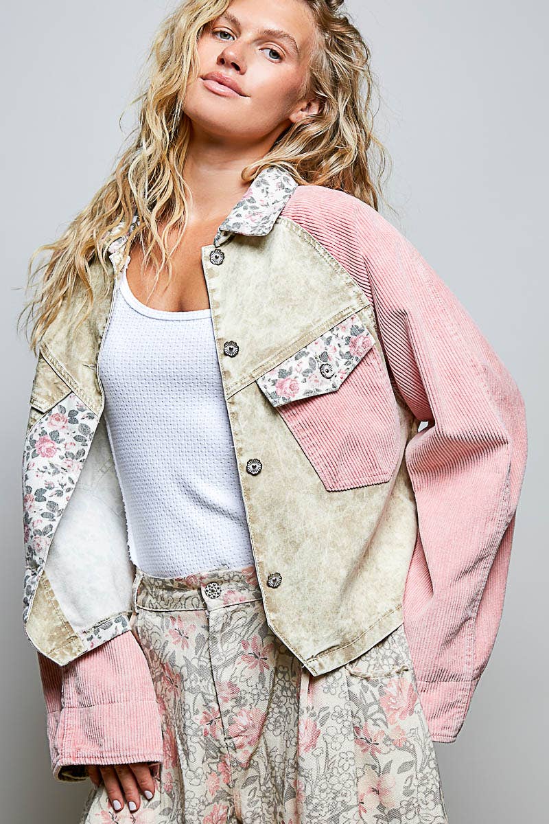 Soft Corduroy Sleeves Contrast Cropped Patchwork Jacket