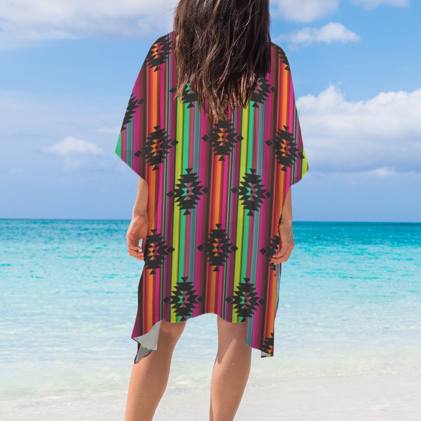 Neon Aztec Duster Kimono Coverup Women's Long Cover Up