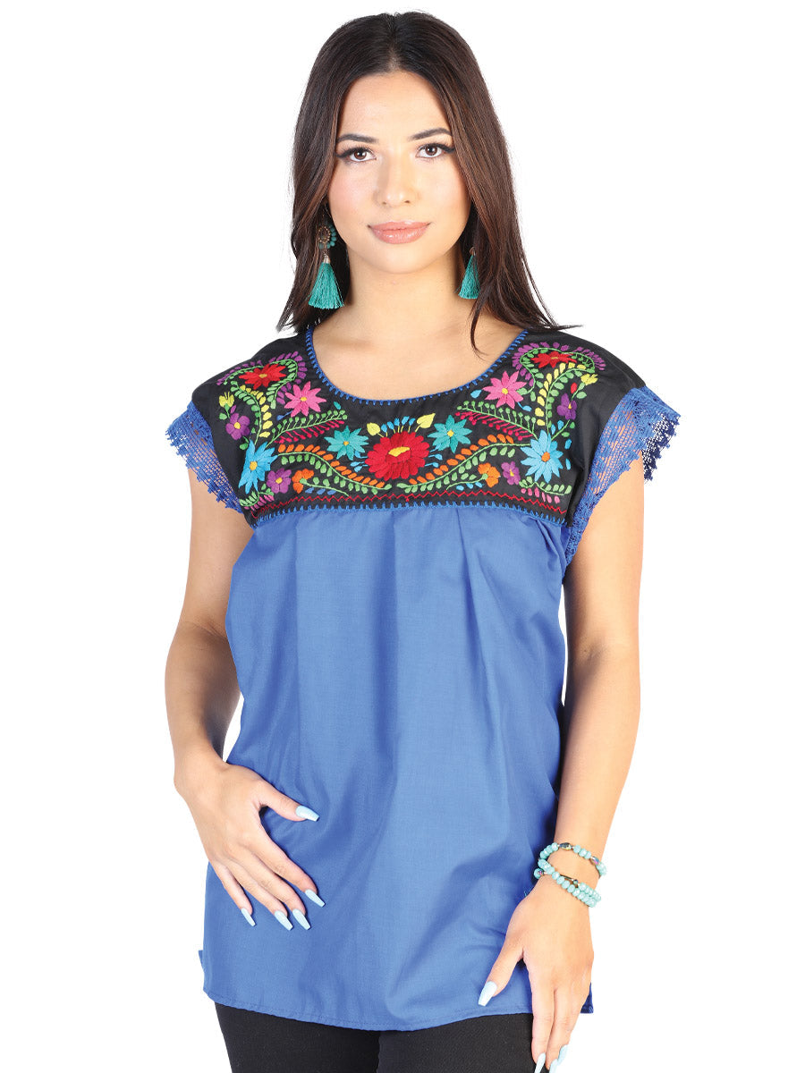 Artisanal Embroidered Blouse 50% Cotton 50% Polyester Royal Blue 602462