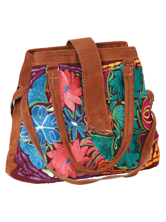 Artisanal  Embroidered Suede Bag Brown Multicolor 602923