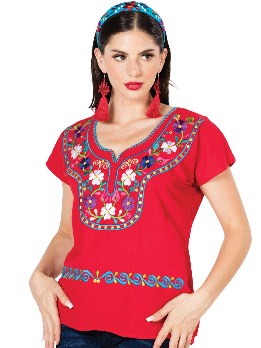 Artisanal Embroidered Blouse 100% Cotton Red 603056