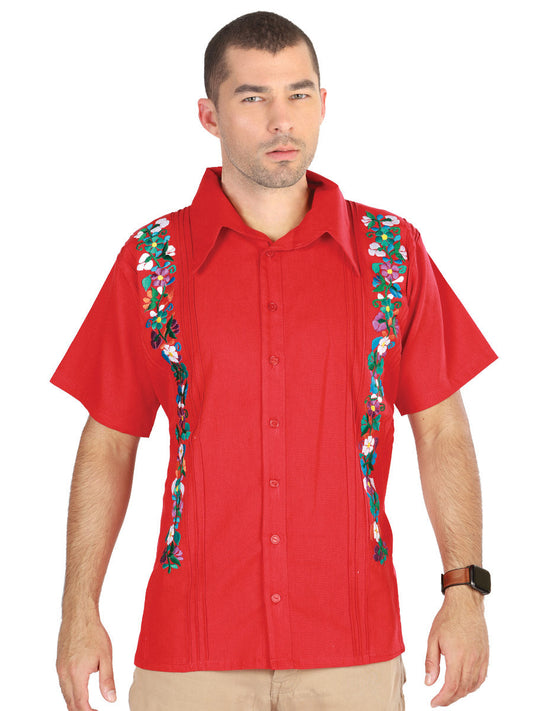 Mexican Embroidered Shirt Guayabera 100% Cotton Red 603111