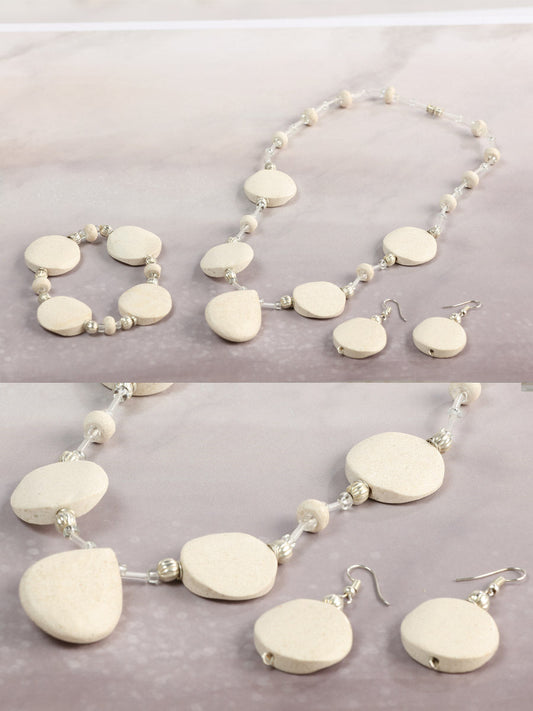 Necklace, Earrings and Bracelet Set.Onyx Stone Beige 603139