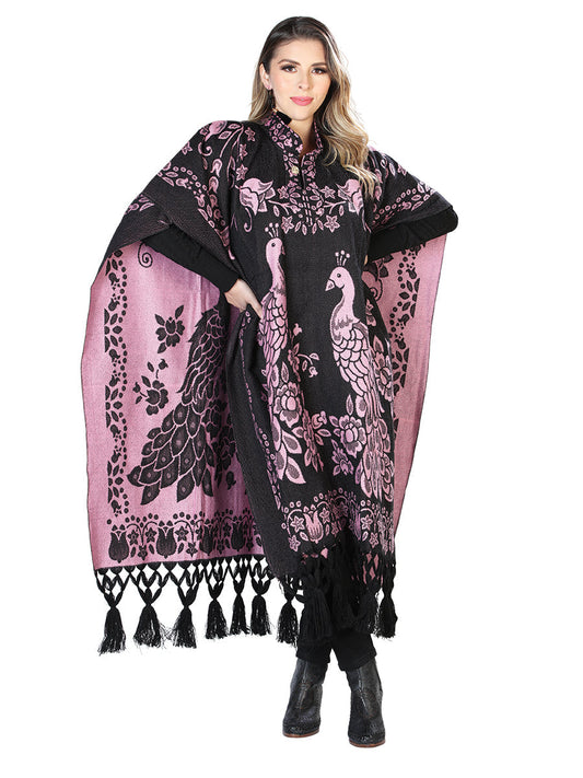 Artisanal Mexican Poncho 92% Acylic, 8% Polyester Black/Pink 603832