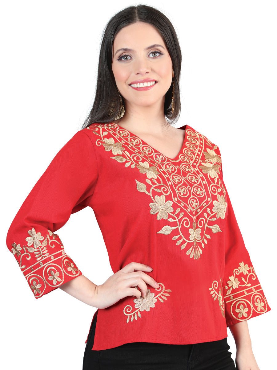 Artisanal Embroidered Blouse 100% Cotton Red 603964