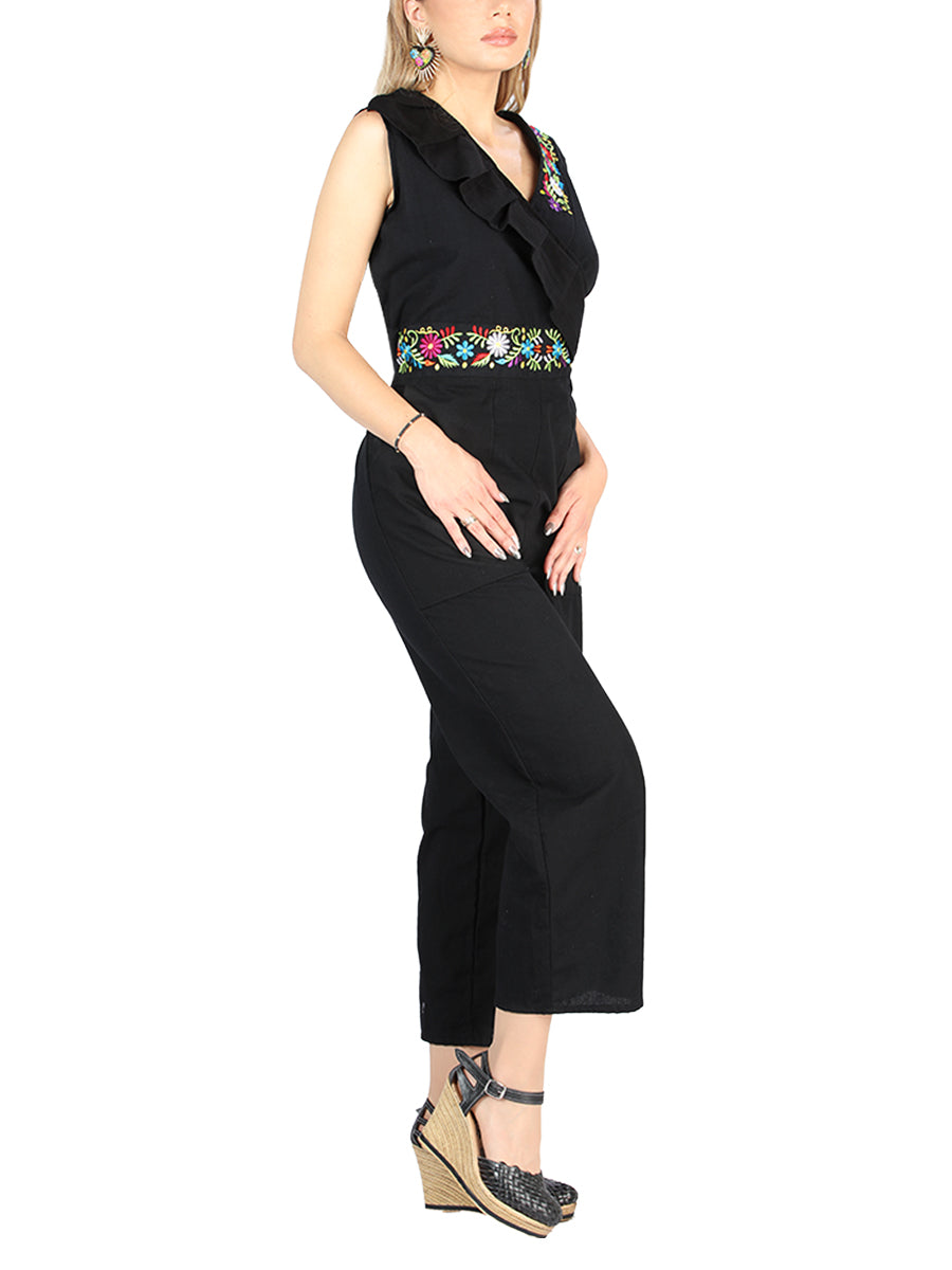 Artisanal Embroidered Jumpsuit 100% Cotton in Black