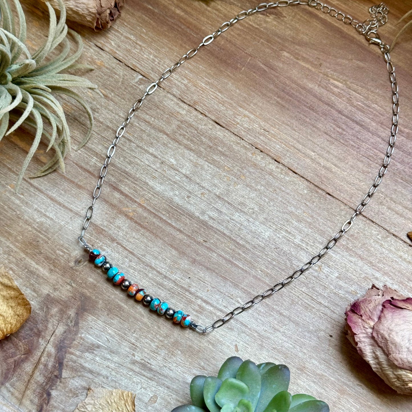 Mojave Turquoise, Spiny Oyster & Sterling Silver Pearl Paperclip Necklace