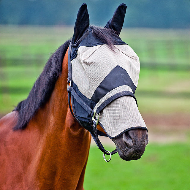 Full Horze Horse Long Nose Nylon Uv Rays Protect Fly Mask Hood Cover Brown Black