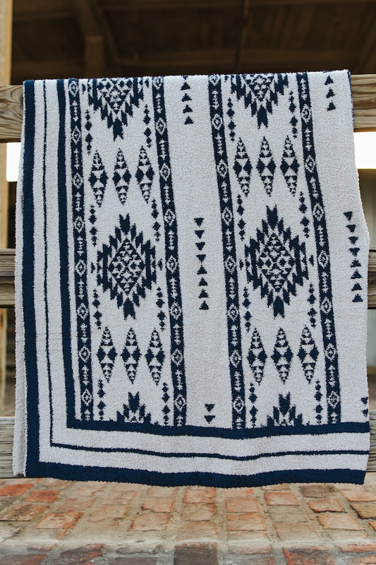 Lucky & Blessed Ivory Blue Aztec Printed Polyester Microfiber Blanket ( 50in x 60in)