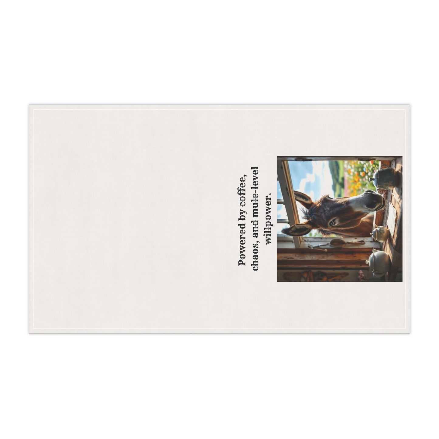 "Powered by coffee, caos and mule-level willpower" Show off your sass in style with this humorous Mule and Coffee loving towel. Gift for Home Chefs, Fun Mule Decor, Farmhouse Style, Kitchen Accessories