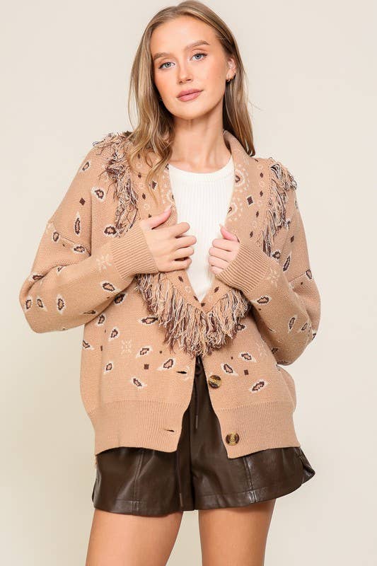 Paisley Printed Cardigan With Fringe Collar