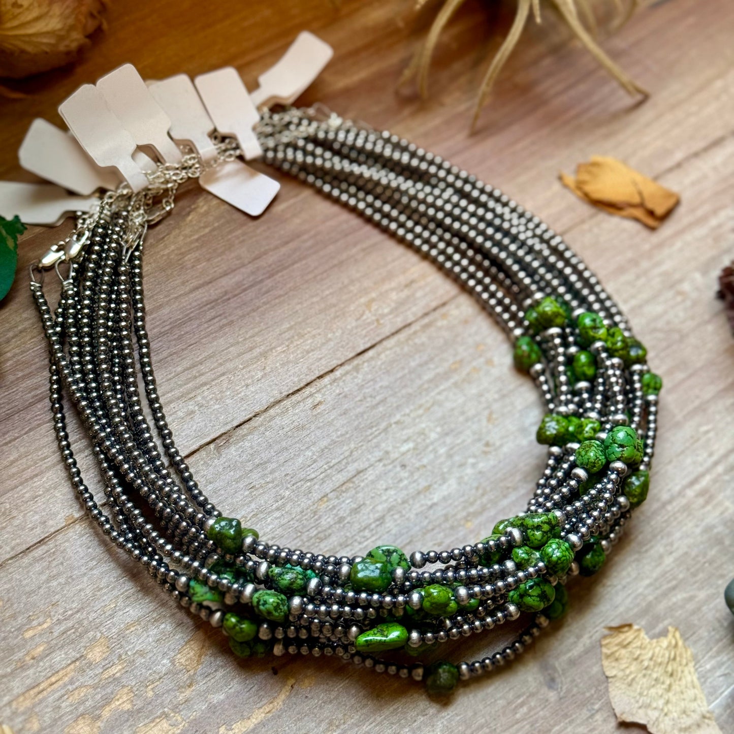 Green Nugget Turquoise & Sterling Silver Pearl Necklace