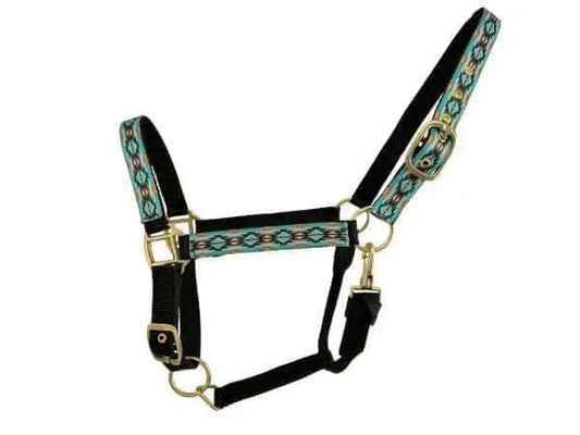 2ply Teal & Brown Halter Southwest Overlay Print Nylon Horse Sized Halter