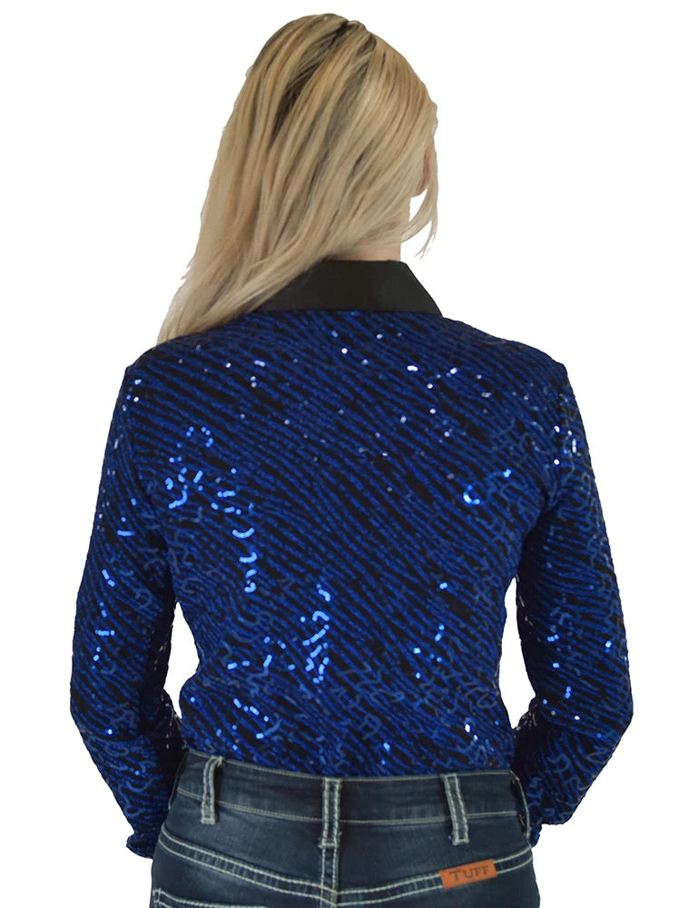 Royal Blue Sequin Swirls On Black Jersey Pullover Button Up With Black Satin Collar Cowgirl Tuff
