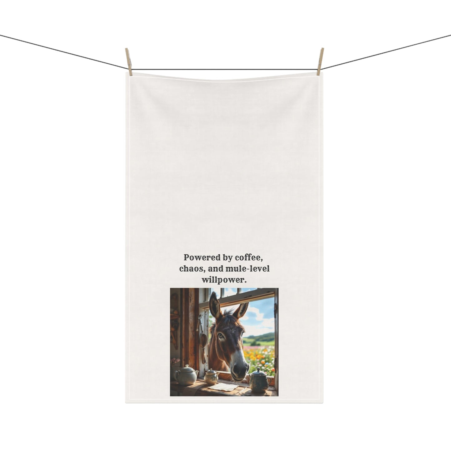 "Powered by coffee, caos and mule-level willpower" Show off your sass in style with this humorous Mule and Coffee loving towel. Gift for Home Chefs, Fun Mule Decor, Farmhouse Style, Kitchen Accessories