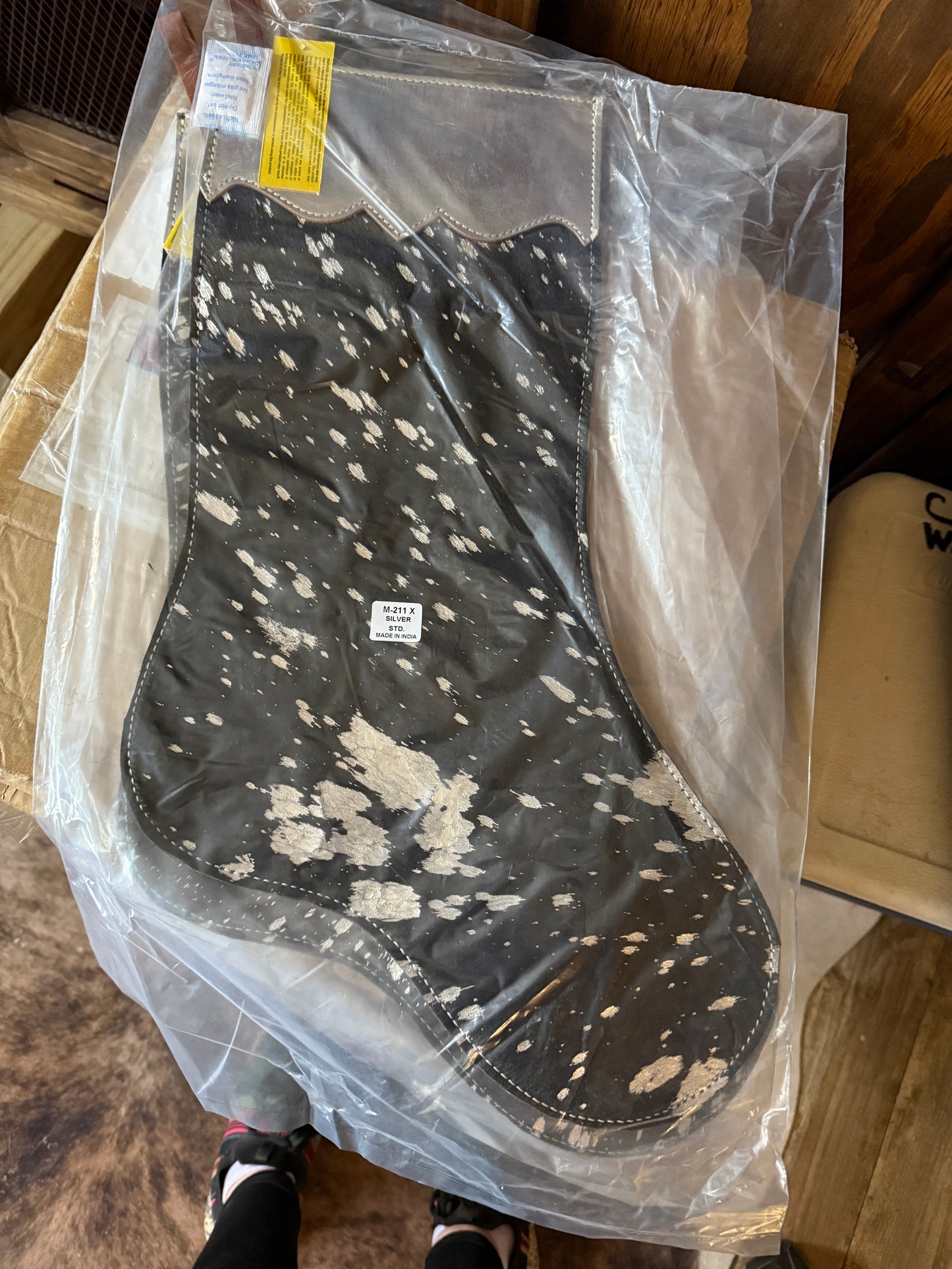 Metallic Acid Wash Cowhide Leather Christmas Stocking