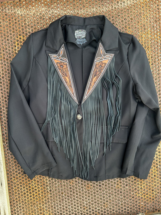 Boot stitch hand tooled lapel blazer with fringe in black