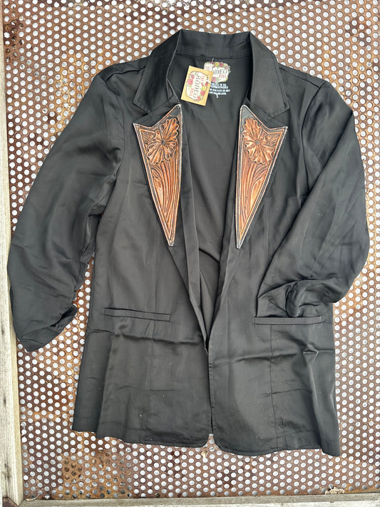 Hand tooled distressed lapel blazer in black satin