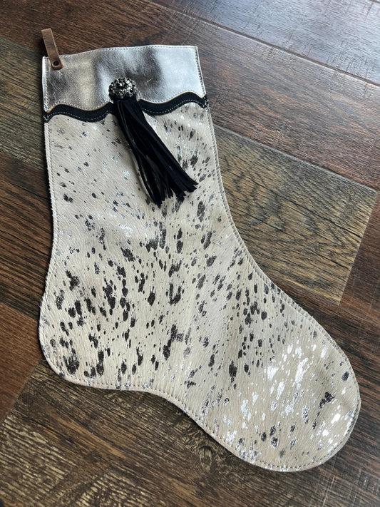 Silver Acid Wash Cowhide Leather Christmas Stocking