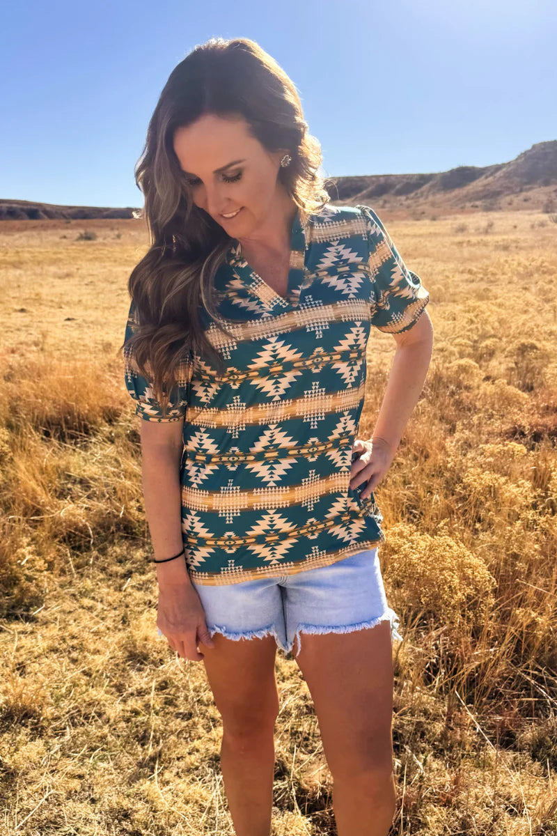 TURQUOISE TWIST AZTEC TOP
