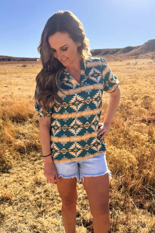 TURQUOISE TWIST AZTEC TOP