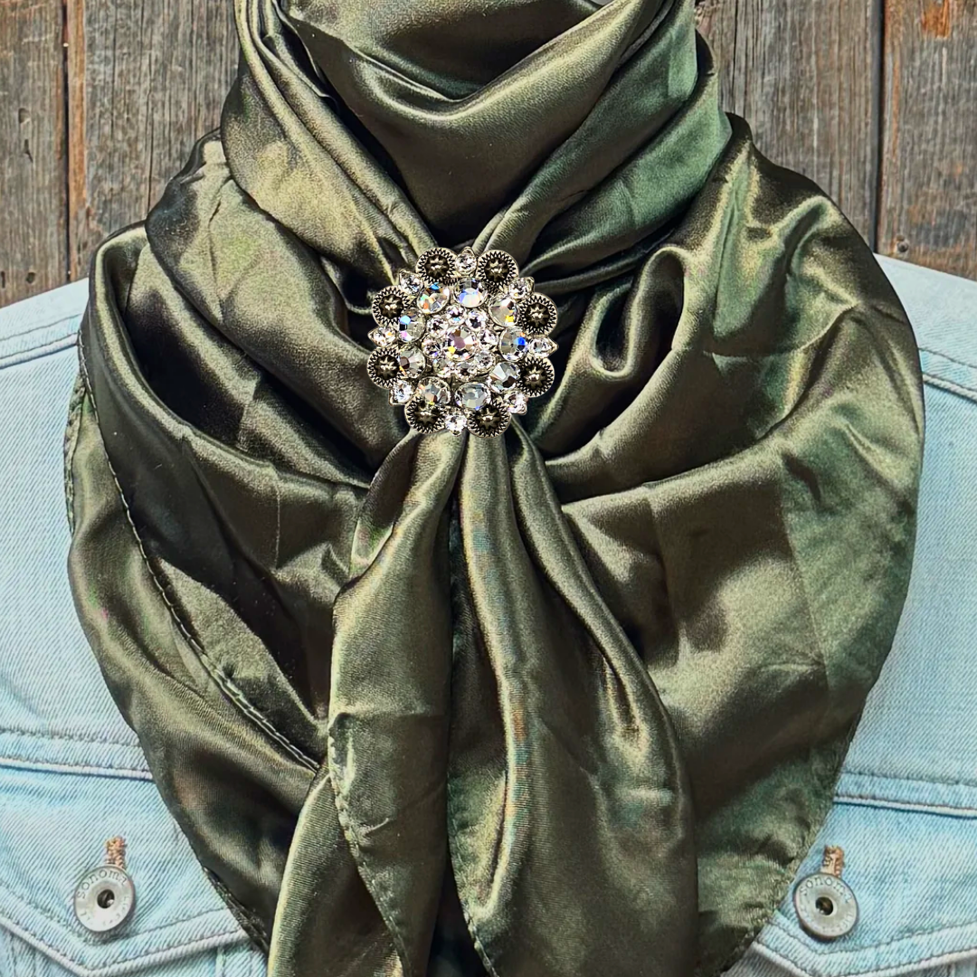 35X35" Solid Olive Wild Rag / Scarf WRS28 - Crystal Concho Wild Rag Slides - Assorted