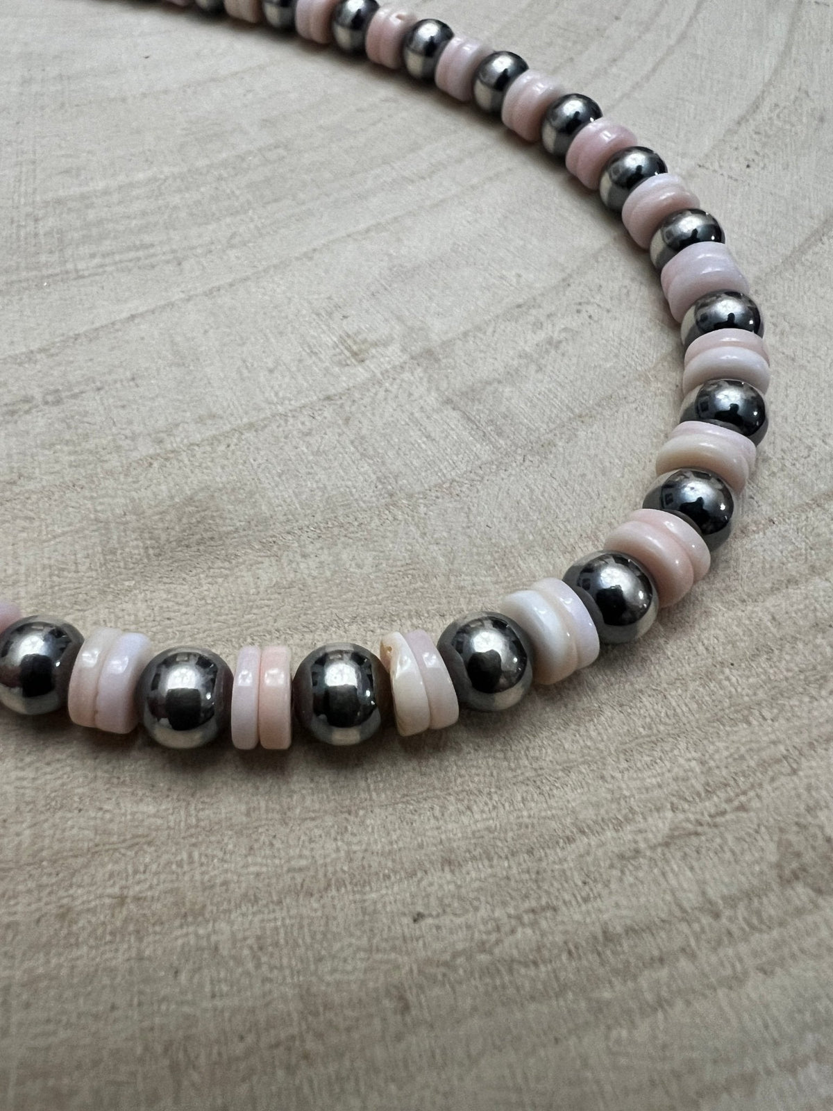 6mm Sterling Pearl & Pink Conch Rondelle Choker — 14 inch (with 2 inch extender, Made in USA)