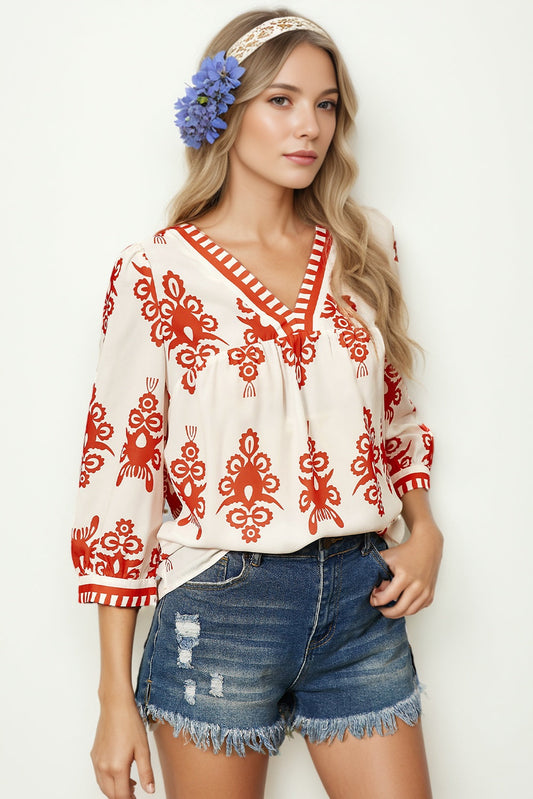 Boho Beige and Orange Print Puff Sleeve Blouse