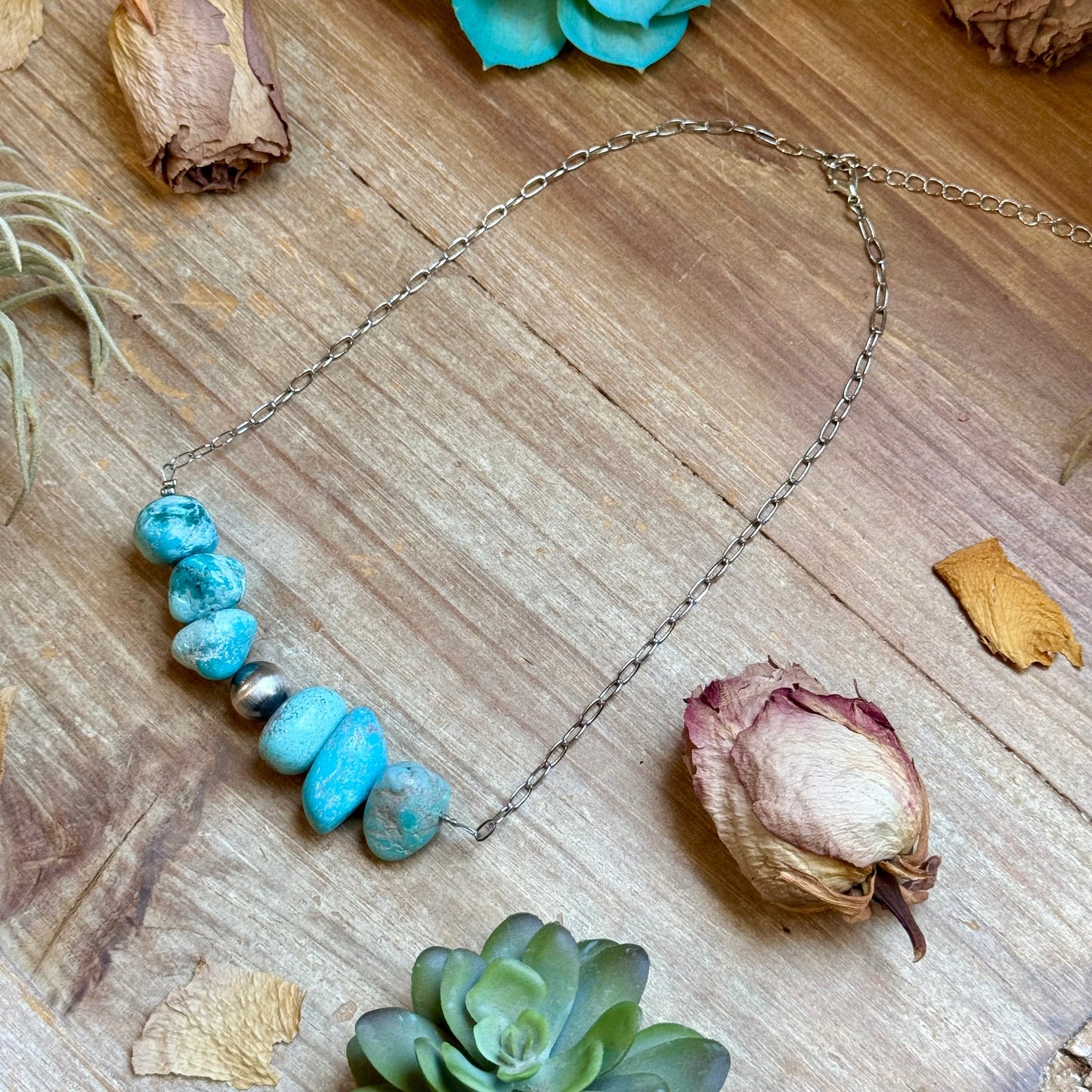 Chunky Turquoise & Sterling Silver Pearl Paperclip Necklace