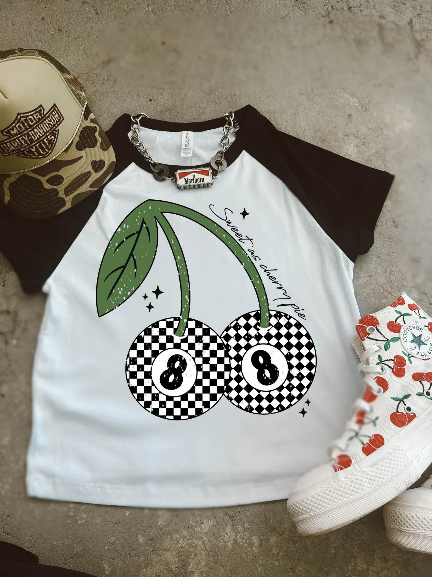 8 ball cherry Raglan baby tee