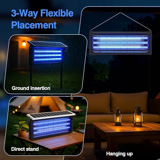 Solar Bug Zapper Outdoor, Wireless Portable Camping Mosquito Zapper 4500V For 3500 Sq.ft with Panel Sensor, Fly Traps with 10FT Extension Cord