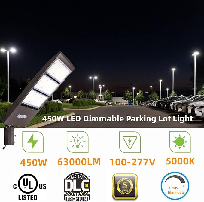 450W Dimmable LED Parking Lot Light Hard Wire 5000K Daylight 63000LM 140lm/w, Outdoor LED Shoebox Lights, UL/DLC Commercial Lighting Fixture