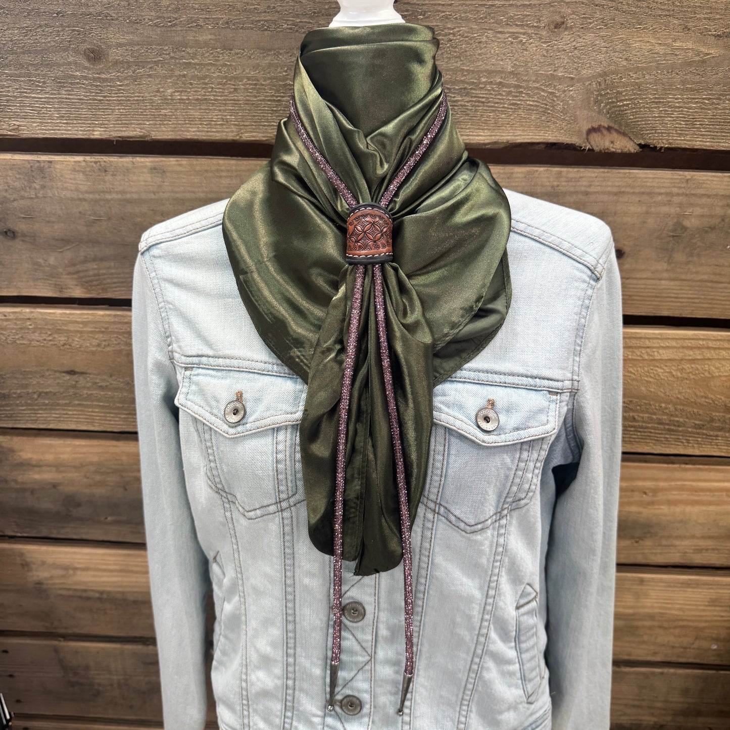 35X35" Solid Olive Wild Rag / Scarf - Leather Slide and Bolo Tie