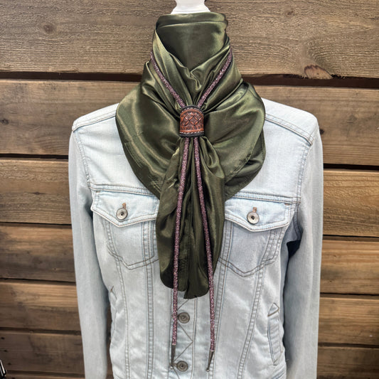 35X35" Solid Olive Wild Rag / Scarf - Leather Slide and Bolo Tie