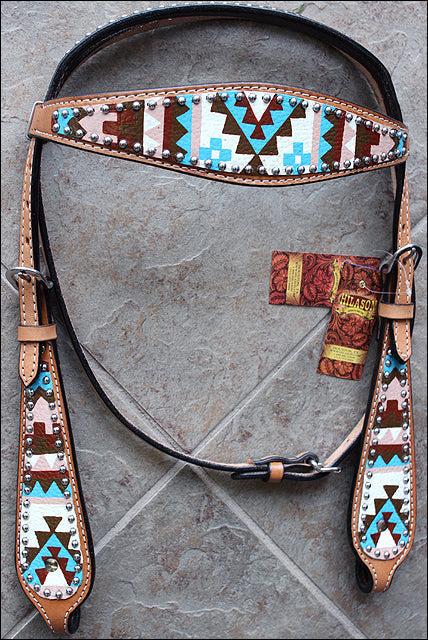 HILASON Western Horse Genuine Leather Headstall & Breast Collar Set Geometry