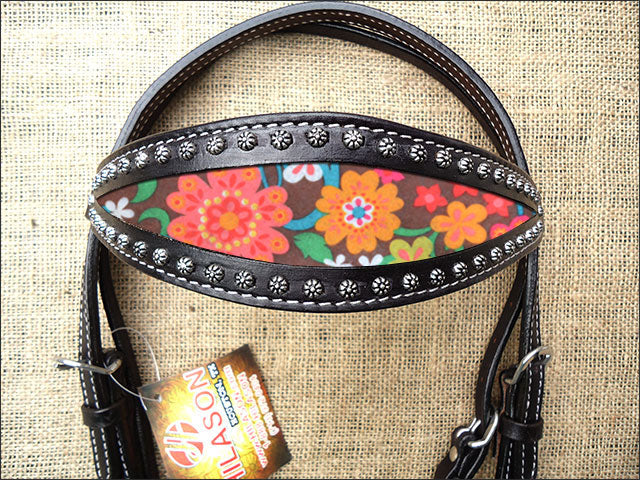 Hilason Western Horse Headstall Bridle American Leather Black Floral