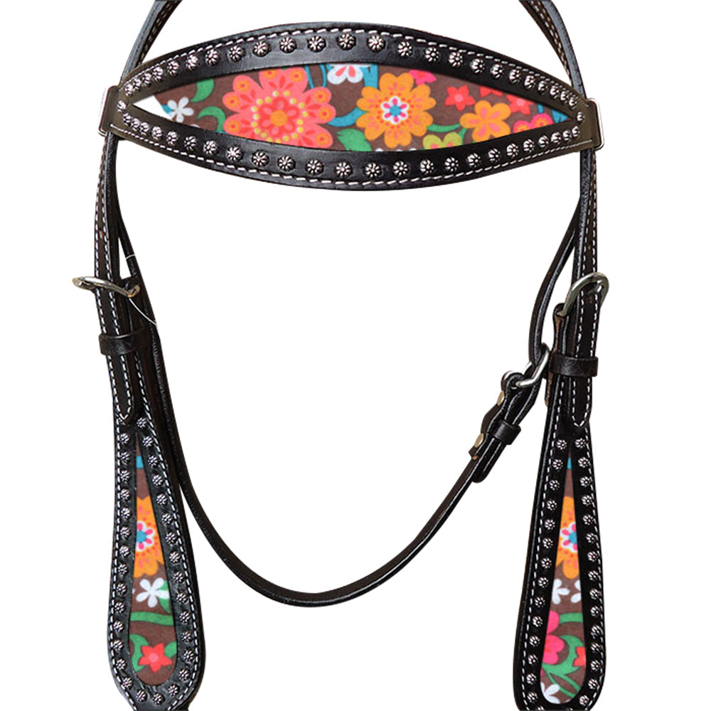 Hilason Western Horse Headstall Bridle American Leather Black Floral