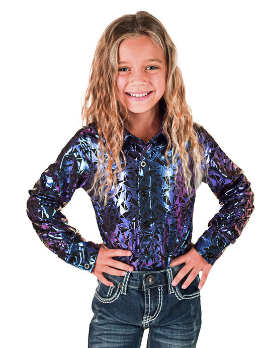 Girls Purple & Teal Iridescent Metallic Stretch Lightweight Pullover Button Up