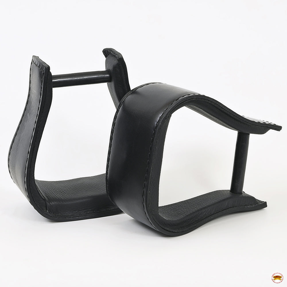 HILASON Western Saddle Black Leather Covered Horse Saddle Stirrups Pair | Leather Horse Stirrups | Full-Grain Leather Stirrups | Wide Tread Stirrups | Stable Riding Stirrups