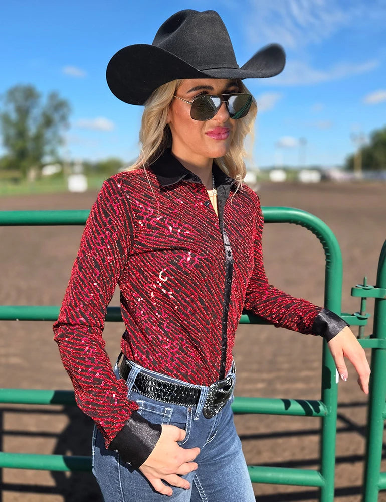 Cowgirl Tuff Company Red Sequin Swirls On Black Jersey Pullover Button Up With Black Satin Collar