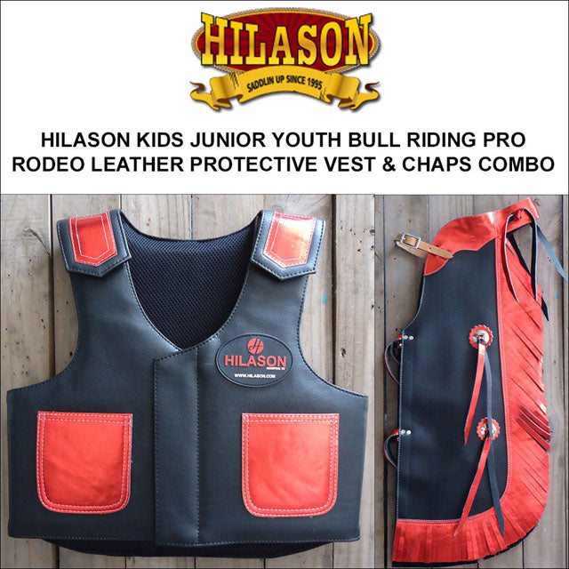 Hilason Junior Youth Bull Riding Pro Rodeo Leather Protective Vest Chaps