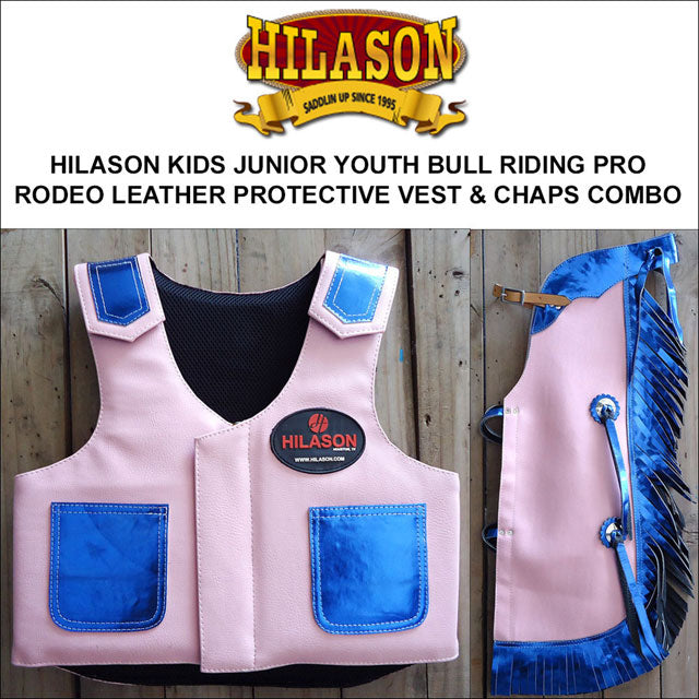 Hilason Junior Youth Bull Riding Pro Rodeo Leather Protective Vest Chaps