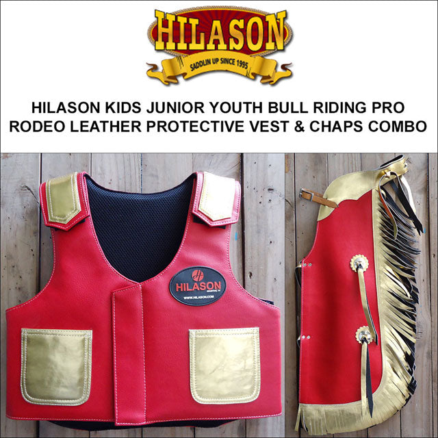 Hilason Junior Youth Bull Riding Pro Rodeo Leather Protective Vest Chaps