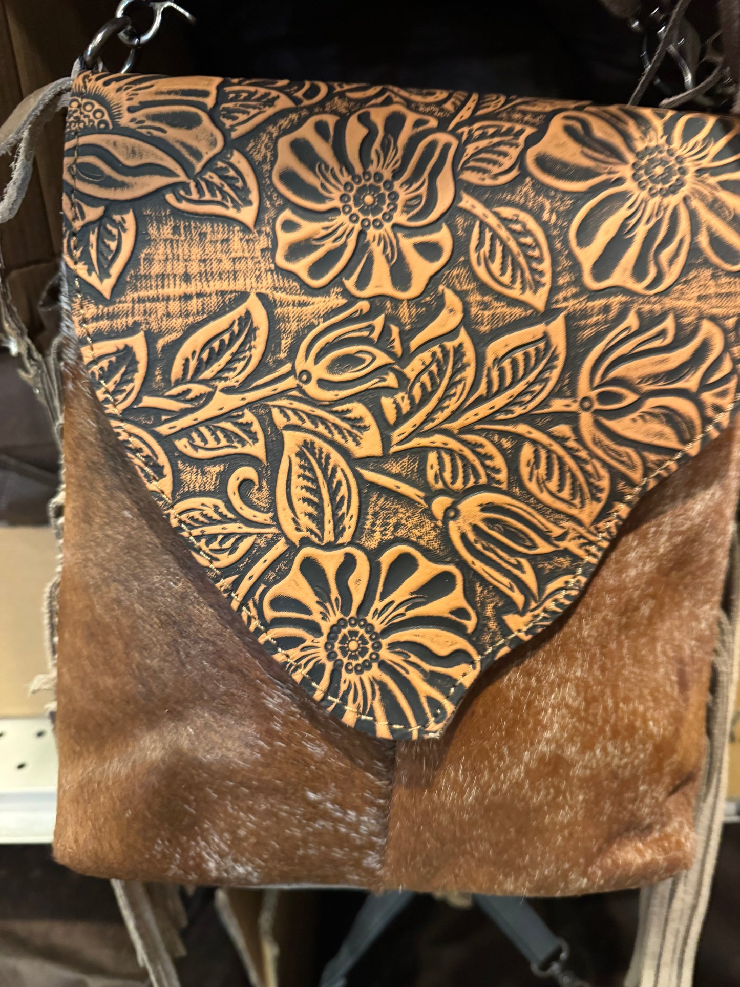 Cowhide Tooled Flap Crossbody Purse