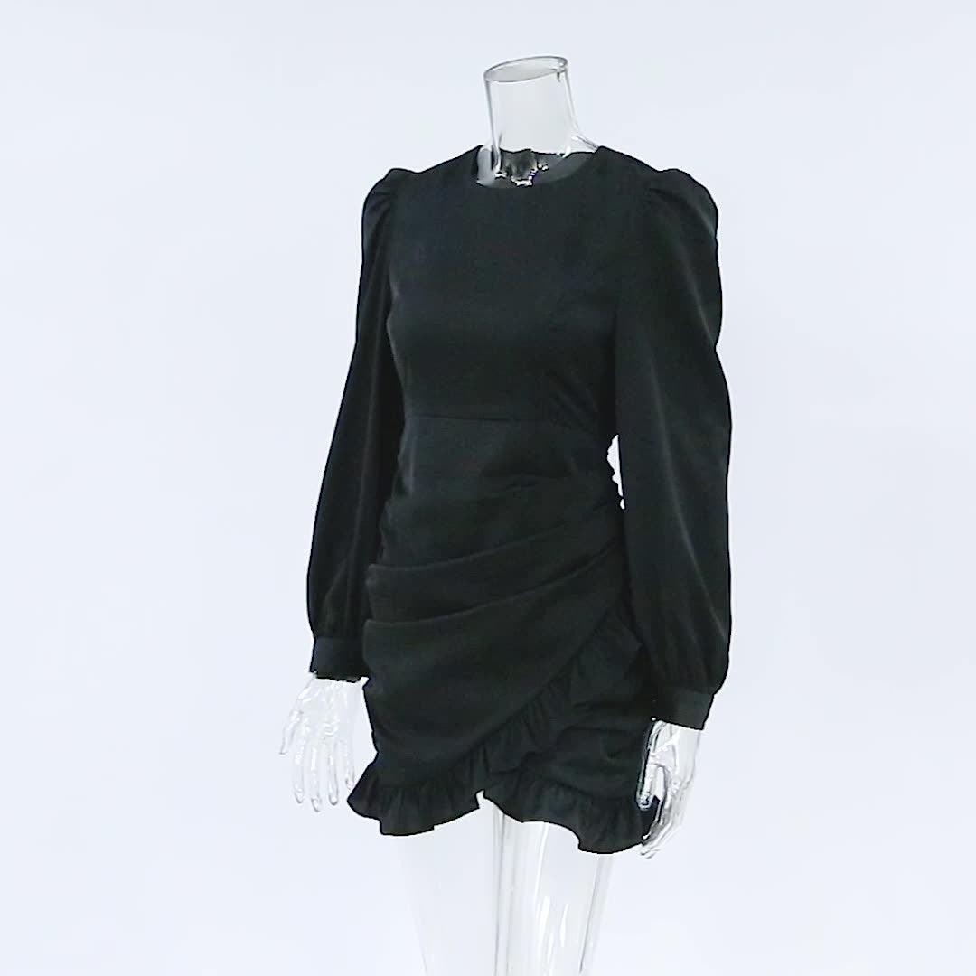 French Pleated Long Sleeved Little Black Dress – Elegant and Trendy Dress for Women