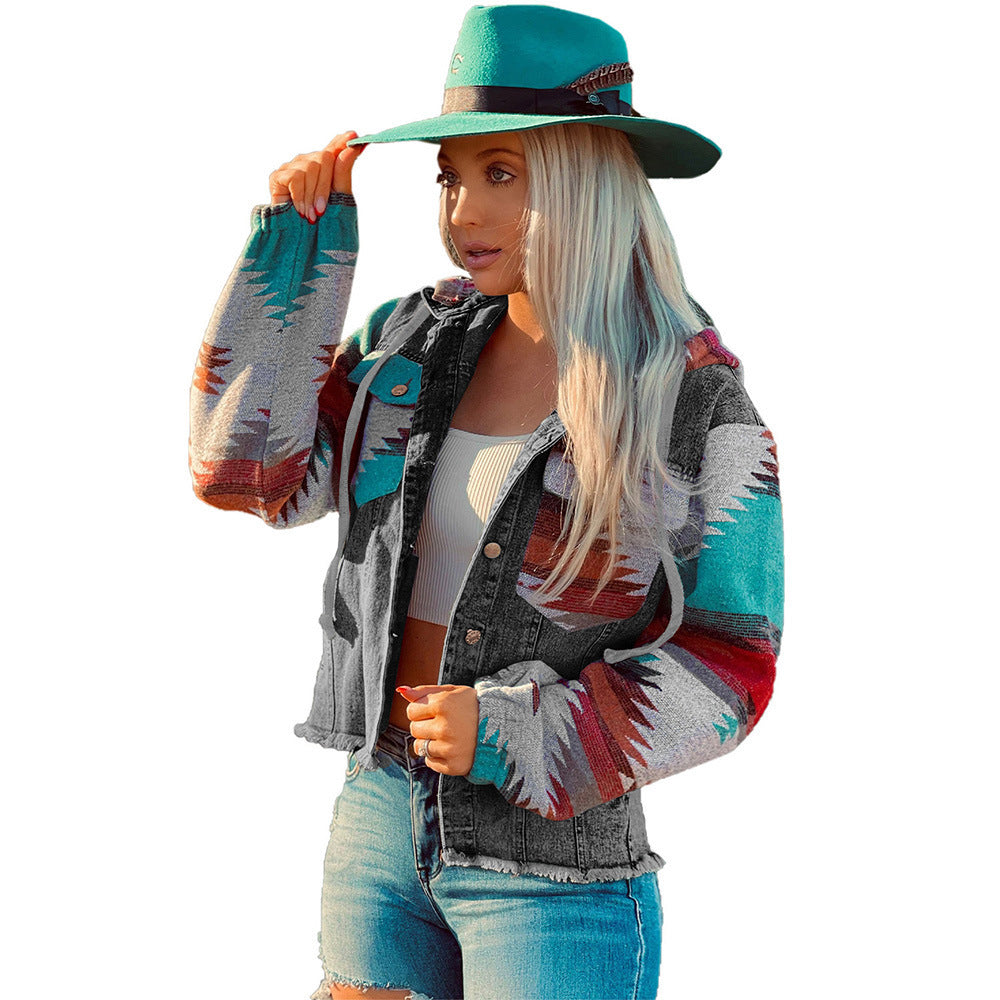 Sierra Vista Multi-Color Frayed Hem Denim Hoodie